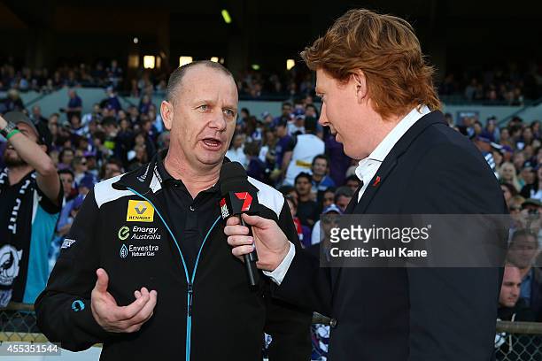 Ken Hinkley, coach of the Power is interviewed by television commentator Cameron Ling before the AFL 1st Semi Final match between the Fremantle...