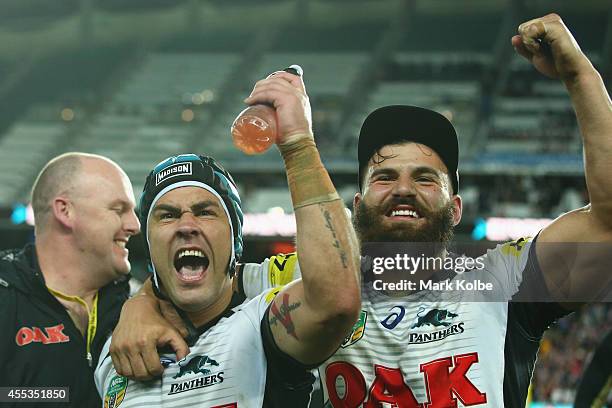 Jamie Soward and Josh Mansour of the Panthers celebrate victory during the NRL 1st Qualifying Final match between the Sydney Roosters and the Penrith...