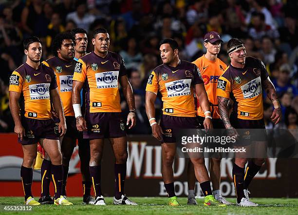 The Broncos stand in goal waiting for a conversion attempt during the NRL 1st Elimination Final match between the North Queensland Cowboys and the...