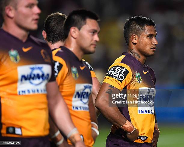 Ben Barba of the Broncos stands in goal waiting for a conversion attempt during the NRL 1st Elimination Final match between the North Queensland...