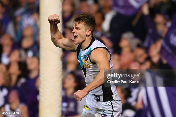 Robbie Gray of the Power celebrates a goal during the AFL 1st Semi Final match between the Fremantle Dockers and the Port Adelaide Power at Patersons...