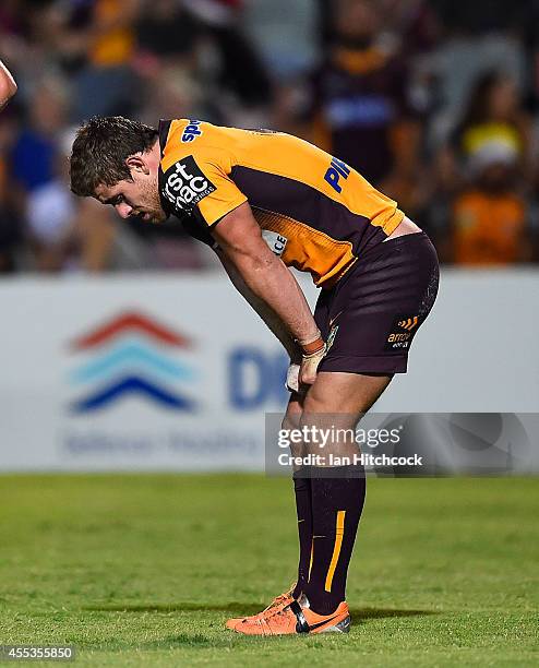Andrew McCullough of the Broncos looks dejected during the NRL 1st Elimination Final match between the North Queensland Cowboys and the Brisbane...