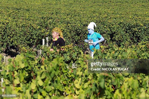 Athletes in fancy dress run past vineyards near Pauillac, during the 30th Marathon du Medoc, a 26-mile circuit in the Medoc wine region near Bordeaux...