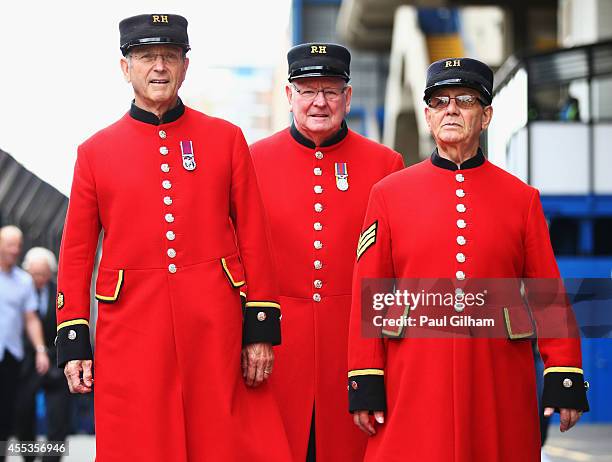 Chelsea Pensioners are seen outside the stadium prior to the Barclays Premier League match between Chelsea and Swansea City at Stamford Bridge on...