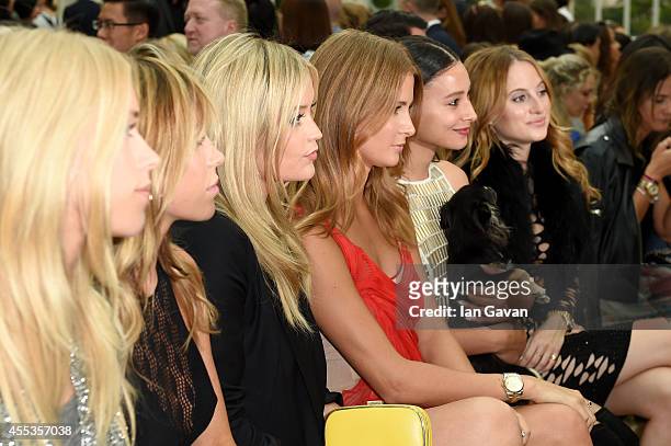 Lady Mary Charteris, Abbey Clancy, Laura Whitmore, Millie Mackintosh, Leah Weller and Rosie Fortescue attend the Julien Macdonald show during London...