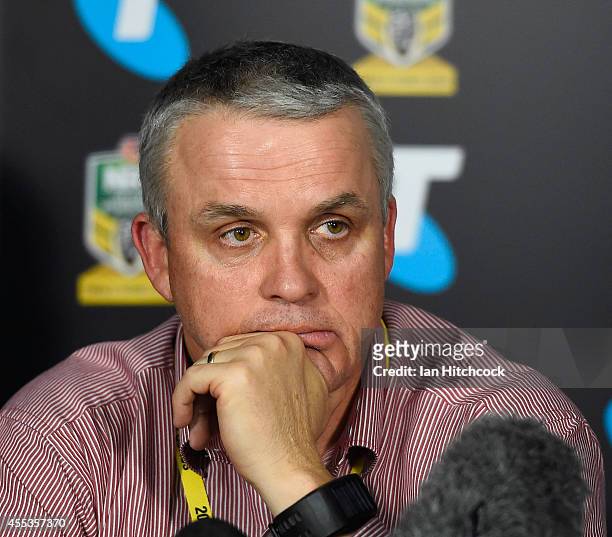 Broncos coach Anthony Griffin looks on in the post match press conference at the end of the NRL 1st Elimination Final match between the North...