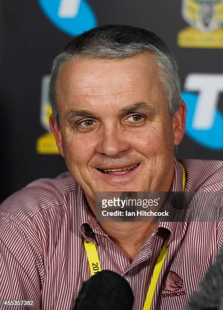 Broncos coach Anthony Griffin smiles in the post match press conference at the end of the NRL 1st Elimination Final match between the North...