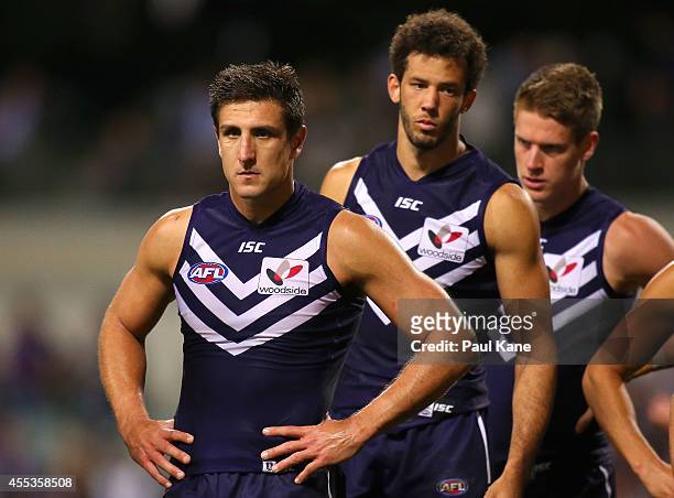 Matthew Pavlich of the Dockers looks on dejected after losing the AFL 1st Semi Final match between the Fremantle Dockers and the Port Adelaide Power...
