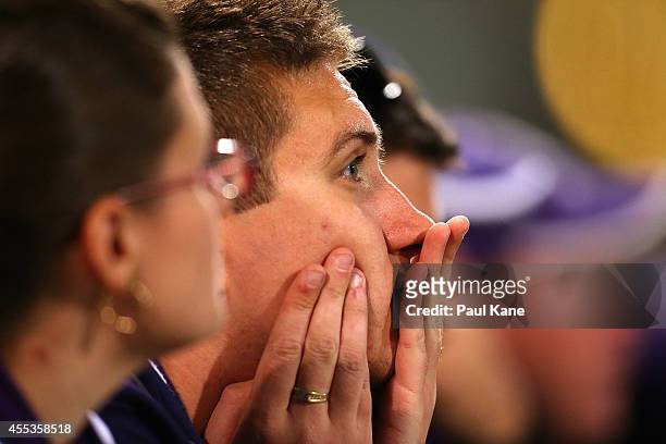 Dockers supporter looks on in the final quarter during the AFL 1st Semi Final match between the Fremantle Dockers and the Port Adelaide Power at...
