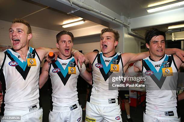 The Power celebrate winning the AFL 1st Semi Final match between the Fremantle Dockers and the Port Adelaide Power at Patersons Stadium on September...