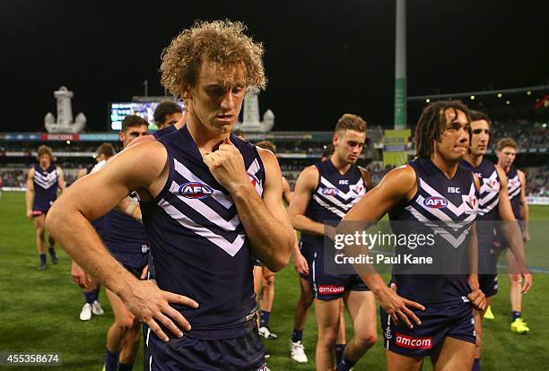 Chris Mayne of the Dockers walks from the field after losing the AFL 1st Semi Final match between the Fremantle Dockers and the Port Adelaide Power...