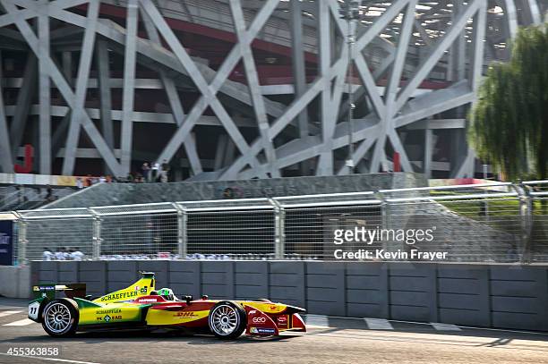 Audi Sport ABT driver Lucas di Grassi of Brazil drives on his way to winning the inaugral FIA Formula E Beijing ePrix Championship race on September...
