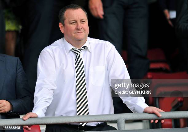 Newcastle United's English owner Mike Ashley gestures before the English Premier League football match between Southampton and Newcastle United at St...