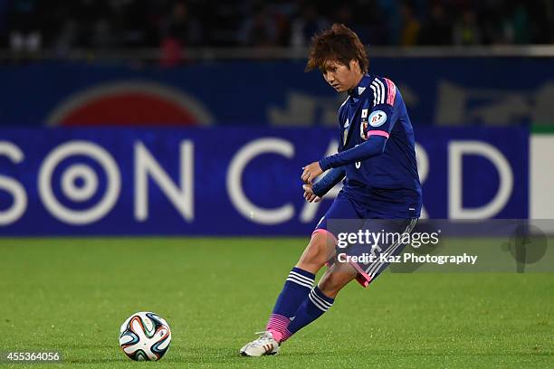 Kana Osafune of Japan passes the ball during the women's international friendly match between Japan and Ghana at ND Soft Stadium on September 13,...