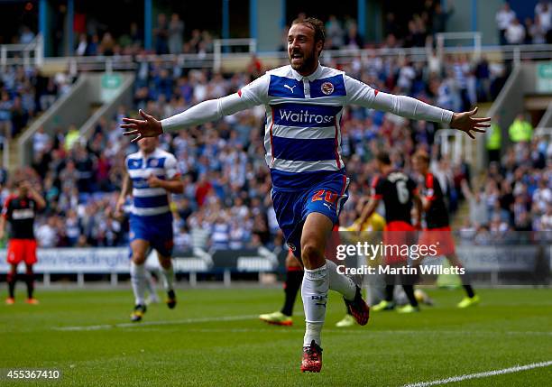 Glenn Murray of Reading celebrates scoring his and Reading's second goal during the Sky Bet Championship match between Reading and Fulham at Madejski...