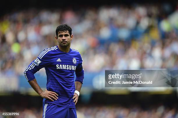 Diego Costa of Chelsea in action during the Barclays Premier League match between Chelsea and Swansea at Stamford Bridge on September 13, 2014 in...