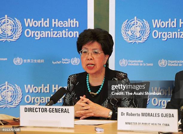 World Health Organization Director-General Margaret Chan speaks during a press conference on September 12, 2014 in Geneva, Switzerland. WHO announced...