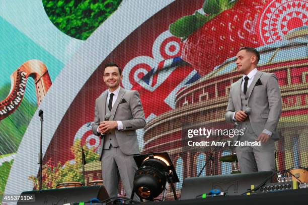 Brothers Richard and Adam Johnson of 'Britain's Got Talent' perform on stage during Proms In The Park at Hyde Park on September 13, 2014 in London,...