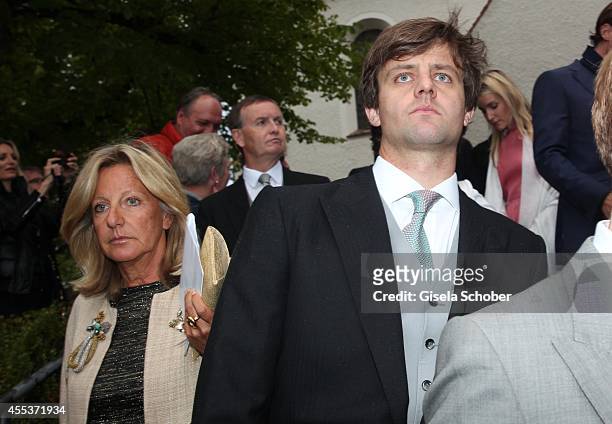 Chantal von Hannover and her son Prince Ernst August von Hannover jr. Attend the wedding of Maria Theresia Princess von Thurn und Taxis and Hugo...