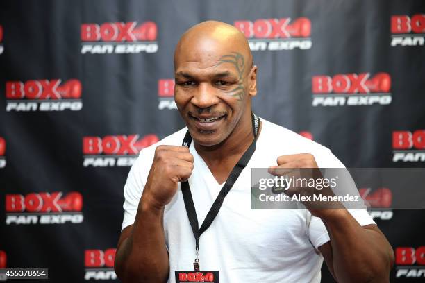 Former champion Mike Tyson poses on the red carpet during the Box Fan Expo at the Las Vegas Convention Center on September 13, 2014 in Las Vegas,...