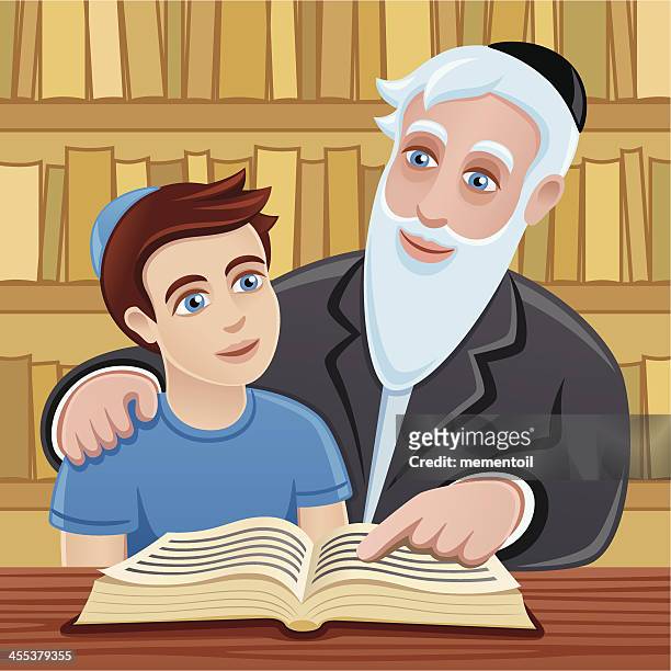 stockillustraties, clipart, cartoons en iconen met studying the torah with grandfather - rabbi