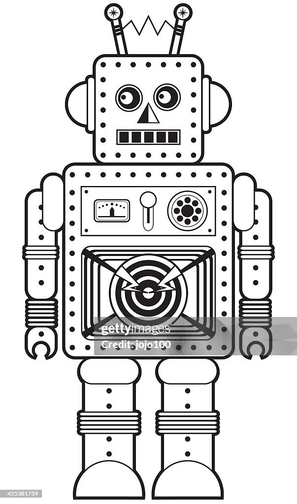 Retro Roboter-Charakter-Symbol in schwarz und weiß