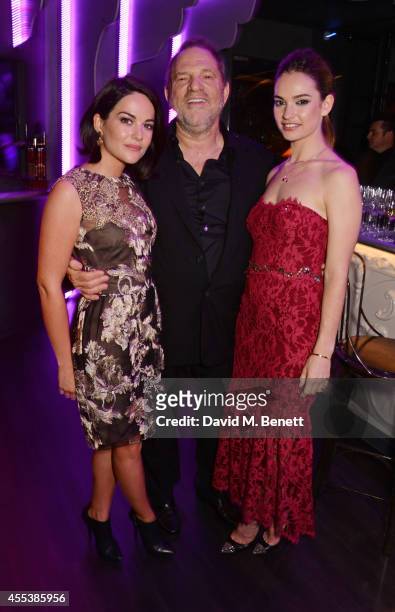 Sarah Green, Harvey Weinstein and Lily James attend the Marchesa S/S 2015 after party sponsored by Revlon at Le Peep Boutique on September 13, 2014...