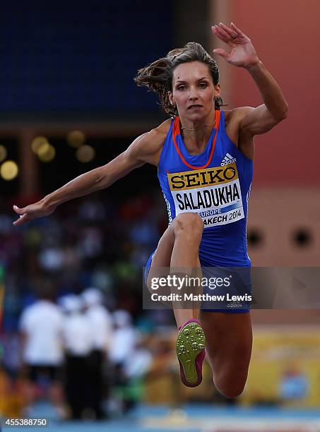 Olga Saladukha of Europe in action during the Womens Triple Jump Final during day one of the IAAF Continental Cup at the Stade de Marrakech on...