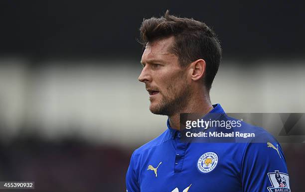 David Nugent of Leicester looks on during the Barclays Premier League match between Stoke City and Leicester City at the Britannia Stadium on...
