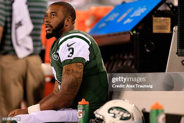 Quarterback Tajh Boyd of the New York Jets looks on against the Indianapolis Colts during a preseason game at MetLife Stadium on August 7, 2014 in...