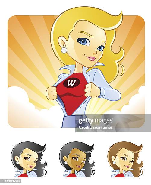 professionelle business-frau sich in super hero - offener kragen stock-grafiken, -clipart, -cartoons und -symbole