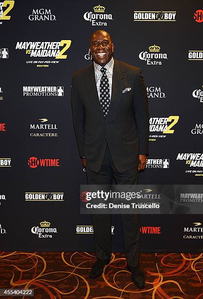 Magic Johnson arrives at Showtime's VIP Pre-Fight party for "MAYHEM: MAYWEATHER VS. MAIDANA 2" at MGM Grand Garden Arena on September 13, 2014 in Las...