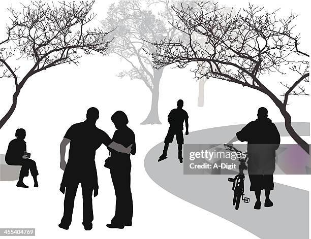 relaxing in the park vector silhouette - couple exercise outside stock illustrations