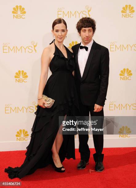 Actor Simon Helberg and Jocelyn Towne arrive at the 66th Annual Primetime Emmy Awards at Nokia Theatre L.A. Live on August 25, 2014 in Los Angeles,...