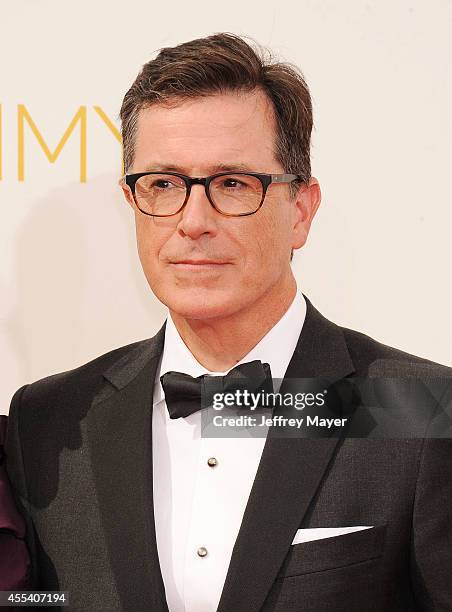 Personality Stephen Colbert arrives at the 66th Annual Primetime Emmy Awards at Nokia Theatre L.A. Live on August 25, 2014 in Los Angeles, California.