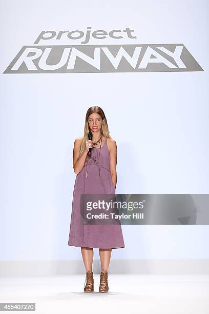 Designer Amanda Valentine presents her collection during the Project Runway Season 13 Finale Show at Mercedes-Benz Fashion Week Spring 2015 at The...