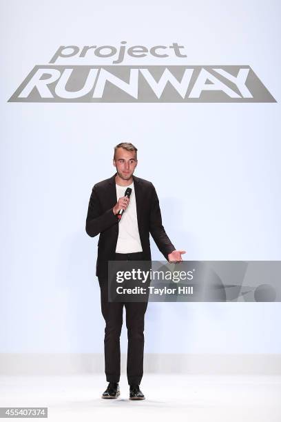 Designer Sean Kelly presents his collection during the Project Runway Season 13 Finale Show at Mercedes-Benz Fashion Week Spring 2015 at The Theatre...