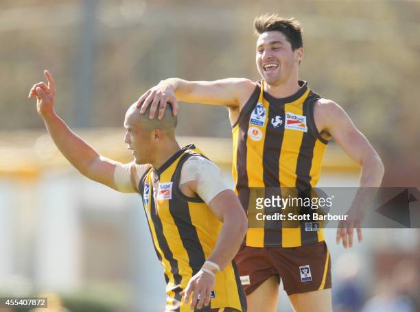 Alex Woodward of the Hawks celebrates after kicking a goal during the VFL Preliminary Final match between the Box Hill Hawks and Williamstown at...