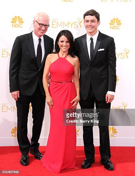 Writer Brad Hall, wife/actress Julia Louis-Dreyfus and their son Charles Hall arrive at the 66th Annual Primetime Emmy Awards at Nokia Theatre L.A....