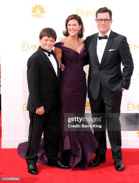 Personality Stephen Colbert and wife Evelyn McGee-Colbert and their son John Colbert arrive at the 66th Annual Primetime Emmy Awards at Nokia Theatre...