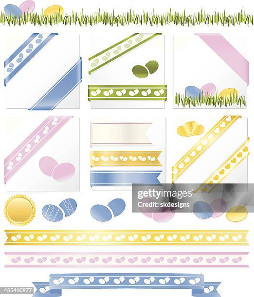 easter eggs corner ribbons, borders: pink, blue, yellow, green, white - green easter egg foil stock illustrations