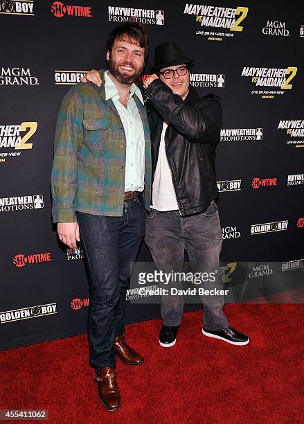 Actors Seth Gabel and Josh Gad arrive at Showtime's VIP prefight party for "Mayhem: Mayweather vs. Maidana 2" at the MGM Grand Garden Arena on...
