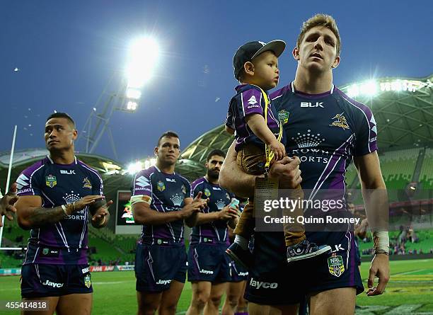 Ryan Hoffman of the Storm walks off the field after playing his last game for the Storm during the NRL 2nd Elimination Final match between the...