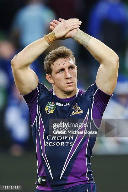 Ryan Hoffman of the Storm waves to the crowd after playing his last game with the club during the NRL 2nd Elimination Final match between the...