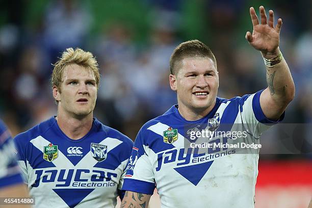 Greg Eastwood of the Bulldogs waves to fans after their win during the NRL 2nd Elimination Final match between the Melbourne Storm and the Canterbury...