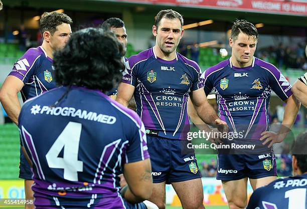 Cameron Smith of the Storm talks to his players after losing the NRL 2nd Elimination Final match between the Melbourne Storm and the Canterbury...