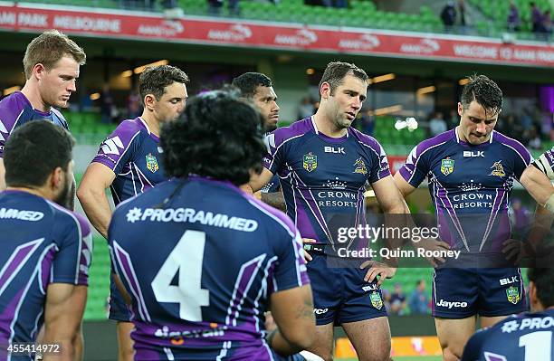 Cameron Smith of the Storm talks to his players after losing the NRL 2nd Elimination Final match between the Melbourne Storm and the Canterbury...