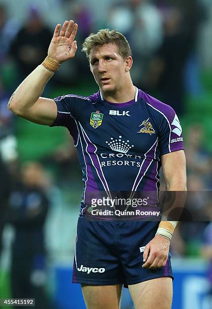 Ryan Hoffman of the Storm waves good bye to the crowd after playing his last game for the Storm during the NRL 2nd Elimination Final match between...