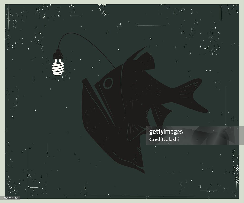 Retro-style illustration of Anglerfish with Compact Fluorescent Lightbulb