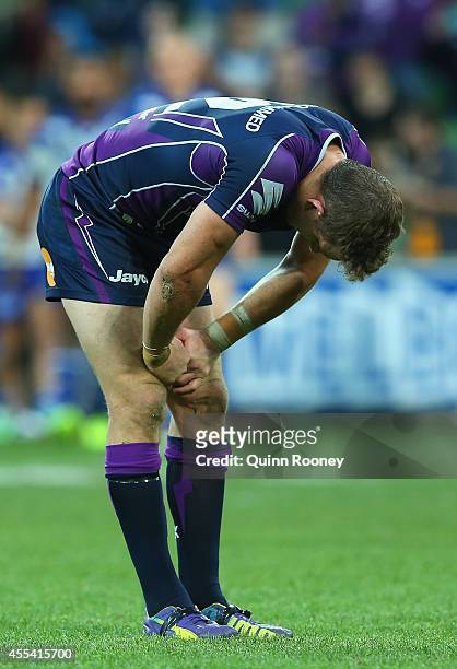 Ryan Hoffman of the Storm looks dejected after losing the NRL 2nd Elimination Final match between the Melbourne Storm and the Canterbury Bankstown...